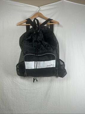 Black Mesh Drawstring Backpack with White Front Stripe swimming backpack
